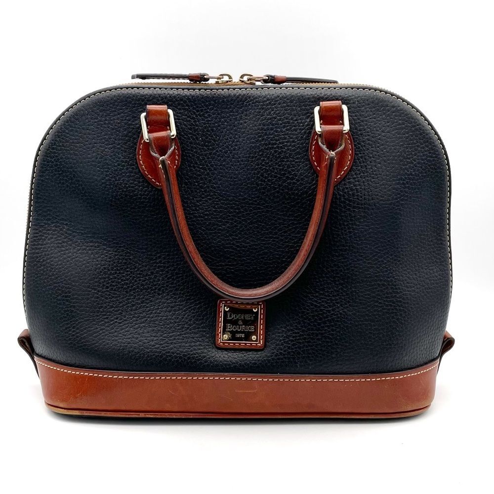 Dooney & Bourke Pebble Grain Zip Around Satchel Black & Cognac Brown Leather Bag - Picture 3 of 16